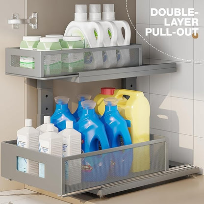 2 Pack 15.74IN-Depth Under Sink Organizer With Next-Gen Ball-Bearing Slides,2-Tier Pull Out Cabinet Storage,Height Adjustable Drawer Shelf for Bathroom,Kitchen,Laundry,Cabinet,Pantry-Gun Gray