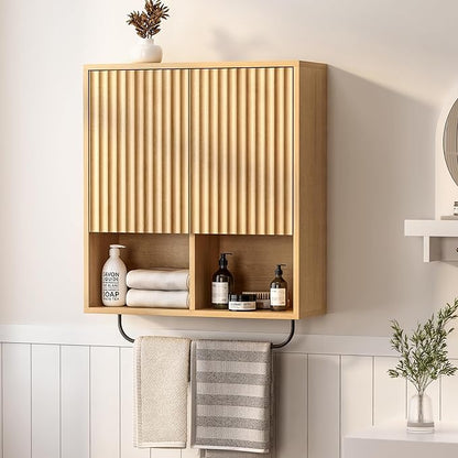 Fluted Wall Cabinet, Modern Wood Floating Bathroom Cabinet with Hanging Rod and Adjustable Shelf, Wall Mount Medicine Cabinet Natural Oak