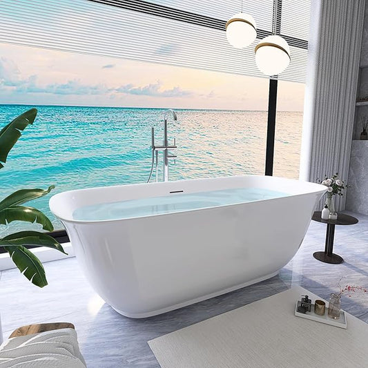 59" Free Standing Tub, Pure Acrylic Freestanding Bathtub, Stylish Stand Alone Contemporary Deep Soaking Bath Tub, cUPC Certified SY6250 (Glossy White)