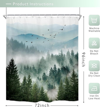 Riyidecor Green Mountain Shower Curtain 72Wx96H Inch Extra Long Nature Rustic Woodland Tree Scenery,Alpine Landscape Natural Foggy Mens Bathroom Decor Fabric Polyester Waterproof 12 Pack Hooks