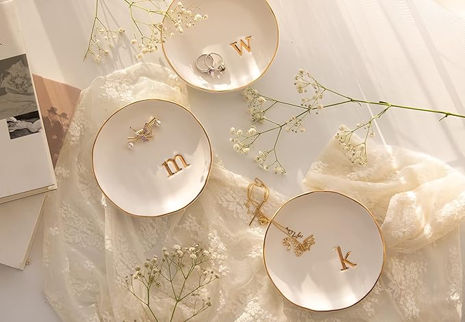 COLLECTIVE HOME - Ceramic Jewelry Tray, Decorative Trinket Dish for Rings Earrings Necklaces Bracelet Watch Keys, Birthday Mother's Day Christmas Gift for Women, 4.75", White Surface (i)
