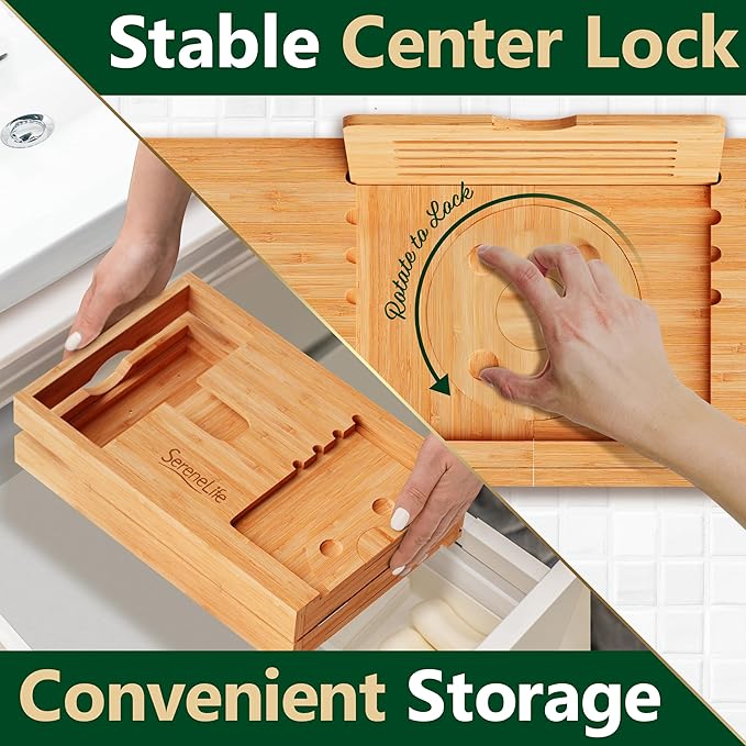 SereneLife Bamboo Bath Caddy with Fold and Lock Design - 30” to 43” Expandable Bathtub Tray, Easy Storage Folding Hinges