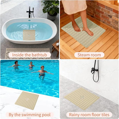 Anti-Slip Bathtub Shower mat, 20.8×20.8（Approximately 53×53cm） inch Soft Oversized Machine Washable Non-Slip Bathtub mat with Drainage Holes, Bathroom Floor Suction Cup.（1-Opaque Khaki）