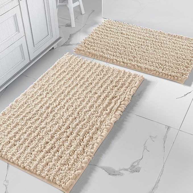 Yimobra Bathroom Rugs Sets 2 Piece - Quick Dry Extra Thick Luxury Chenille Bath Mat, Non Slip Super Absorbent for Tub Shower Sink, Machine Washable Shaggy Floor Mat, 44"x24"+24"x17" Inch, Light Brown
