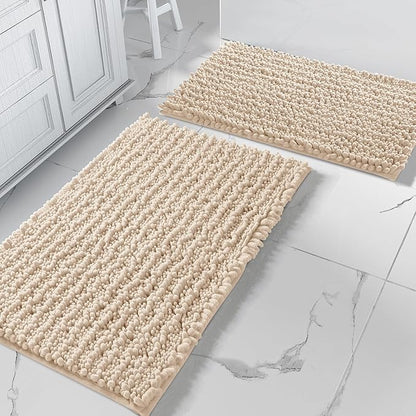 Yimobra Bathroom Rugs Sets 2 Piece - Quick Dry Extra Thick Luxury Chenille Bath Mat, Non Slip Super Absorbent for Tub Shower Sink, Machine Washable Shaggy Floor Mat, 32"x20"+24"x17" Inch, Light Brown
