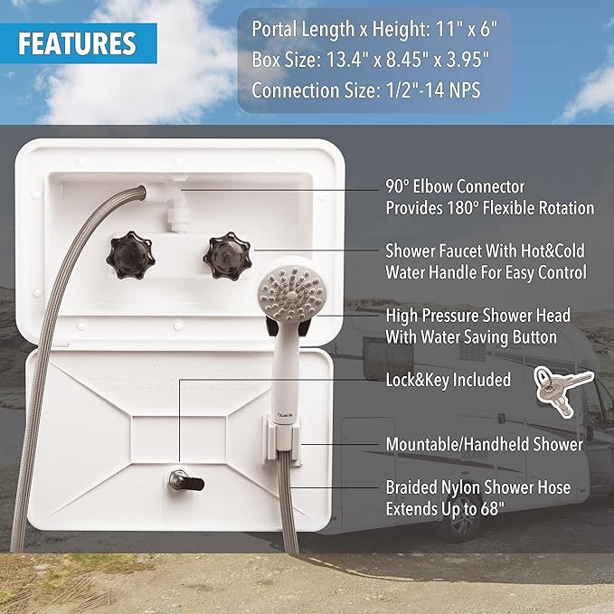 RV Outdoor Shower Exterior Shower Box Kit, Easy Install RV Outdoor Shower with Leak-Proof Coiled Hose, Direct Replacement for Campers, Van, Travel Trailer, Motorhome and Boat, White