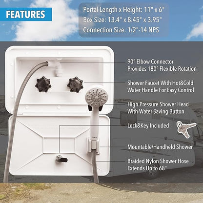 RV Outdoor Shower Exterior Shower Box Kit, Easy Install RV Outdoor Shower with Leak-Proof Coiled Hose, Direct Replacement for Campers, Van, Travel Trailer, Motorhome and Boat, White