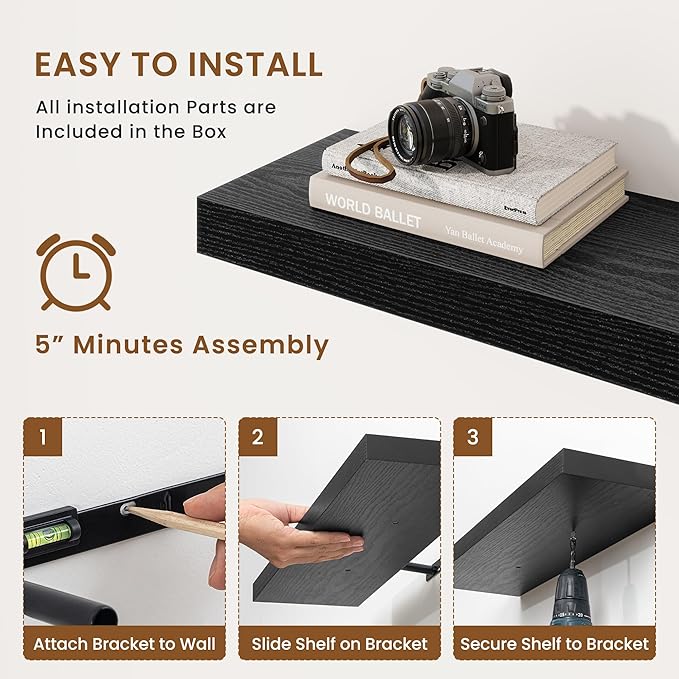 fuqing Floating Shelves for Wall, Wall Mounted Wood Floating Shelf with Invisible Brackets for Living Room, Bathroom, Bedroom, Kitchen Storage and Decor, 24 Inch Set of 2, Black