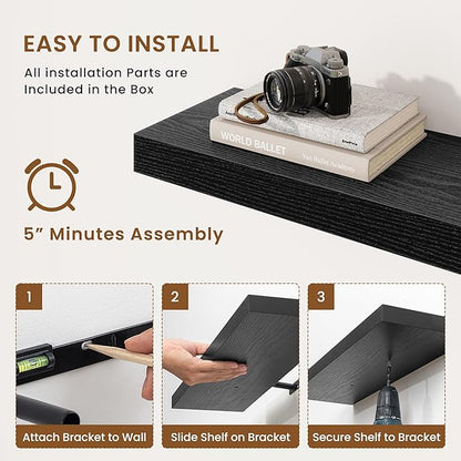 fuqing Floating Shelves for Wall, Wall Mounted Wood Floating Shelf with Invisible Brackets for Living Room, Bathroom, Bedroom, Kitchen Storage and Decor, 36 Inch Set of 2, Black
