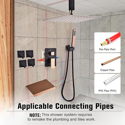 12 Inch Ceiling Mount Shower System Matte Black Gold Rain Mixer Shower Combo Set High Pressure Rainfall Shower Head System Bathroom Luxury Shower Faucet Set Rough-in Valve and Trim Included