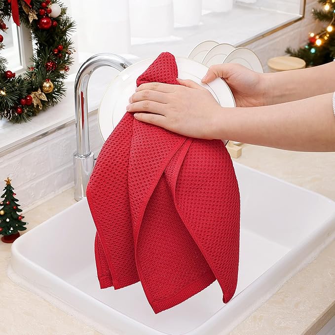 Homaxy 100% Cotton Waffle Weave Kitchen Dish Towels, Ultra Soft Absorbent Quick Drying Cleaning Towel, 13 x 28 Inches, 6-Pack, Red
