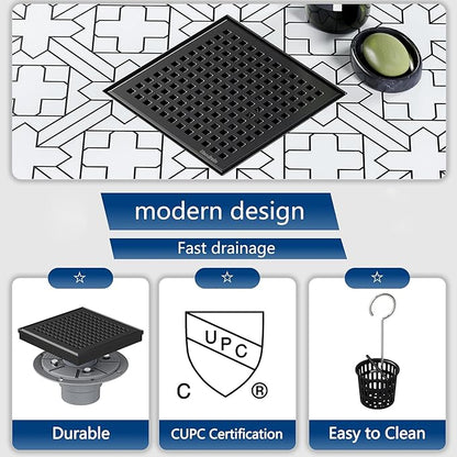 Neodrain 6 Inch Square Shower Drain, 304 Stainless Steel Bathroom Drainage with Removable Quadrato Pattern Grate, PVC Shower Drain Base, Hair Strainer for Bathroom Floor Drains, Matte Black