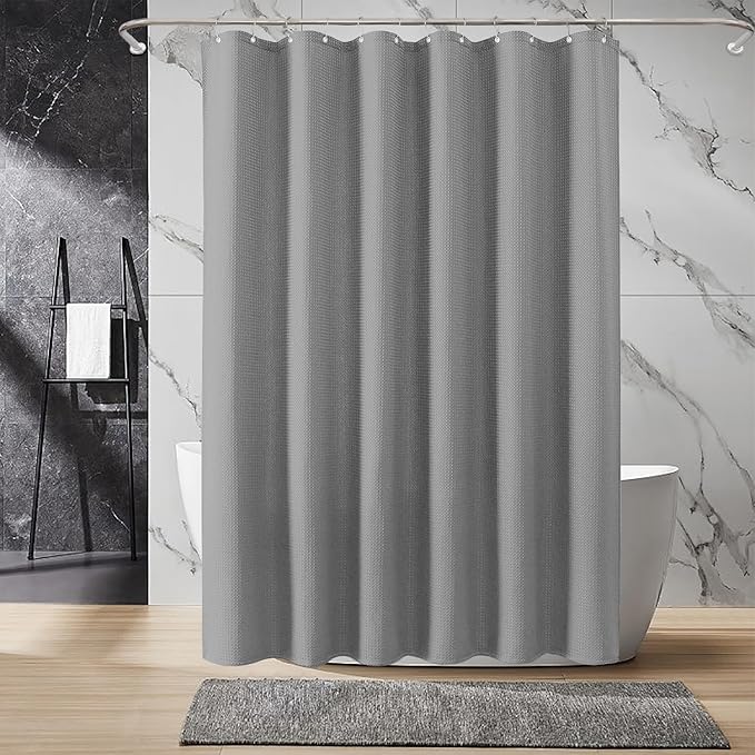 Inhousolu Fabric Shower Curtain Waffle Weave, 230 GSM Heavy Duty, Weighted Hem, 14 Metal Hooks, Water Repellent, Machine Washable, Hotel Spa Luxury Bath Curtain Set, 72 x 96 Inch, Grey