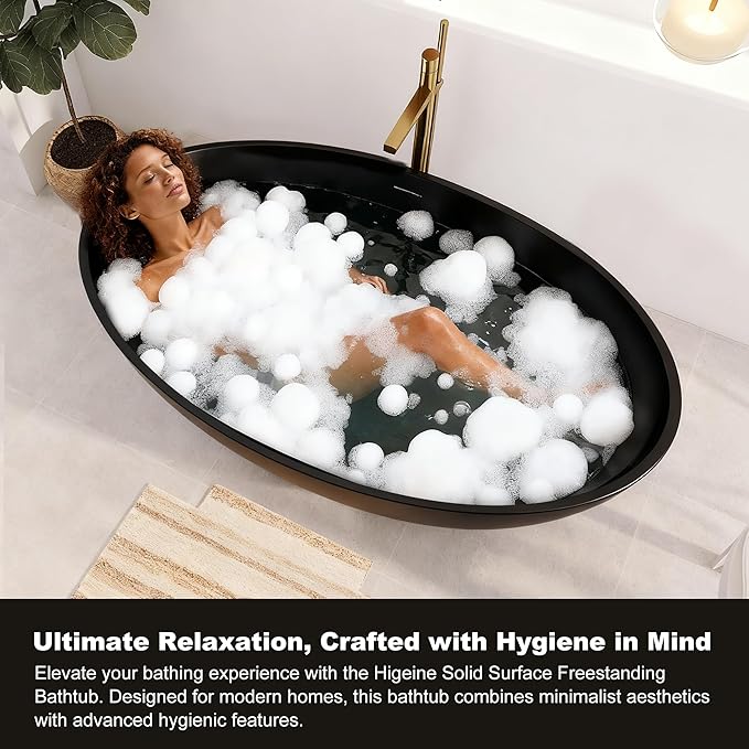 67" Premium Solid Surface Freestanding Bathtubs, Matte Black Oval Stone Resin Tub with Overflow and Pop-up Drain