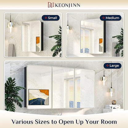 Keonjinn Brushed Nickel Medicine Cabinet for Bathroom, 16 x 24 Inch Medicine Cabinet with Mirror, Silver Stainless Steel Framed, Adjustable Shelves, Recessed or Wall Mount, Sturdy, Rounded Rectangle