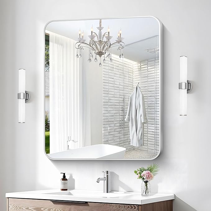 BONEWEI Silver Bathroom Mirror,30x36 inch Wall Mirror for Bathroom Wall Mounted,Rectangle Mirror for Bathroom Over Sink,Modern Frame Round Corner for Living Room,Bedroom Entryway,Horizontal/Vertical