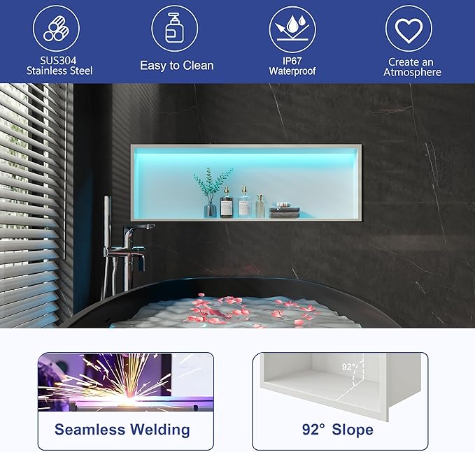 RGB LED Light Shower Niche, White 36X12 in Stainless Steel Built-in Storage with Remote Control, Waterproof No Tile Needed Wall Niche for Bathroom Storage Built-in Installation