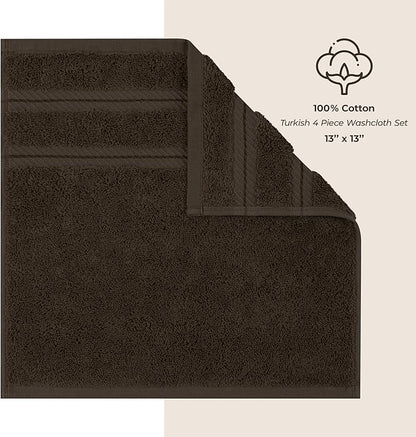 American Soft Linen Luxury Washcloths for Bathroom, 600 GSM 100% Cotton 4 Piece Turkish Wash Cloth Set, 13x13 in Soft Rags for Body and Face, Brown Washcloths