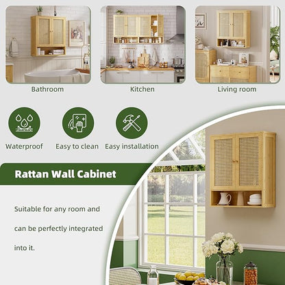 Bathroom Wall Cabinet, Bamboo Over-The-Toilet Storage Organizer with 2 Rattan Doors and Adjustable Shelf, Space Saver Medicine Cabinet for Laundry, Kitchen, Living Room (Natural)