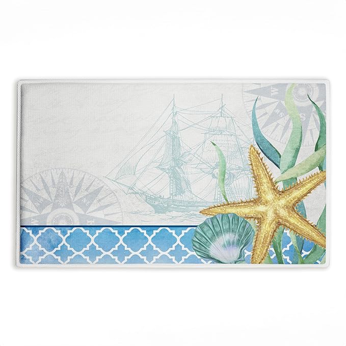 Stupell Industries Bayside Sea Life & Ship Plush Bathroom Mat & Bath Rug, Soft Quick-Dry Non-Slip Bathroom Rug with Recycled Foam Cushion, Coastal Nautical Marine Design by Kim Allen, 18"x30"