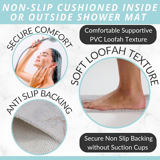 ENKOSI Loofah Non-Slip Shower and Bath Mat - Soft Cushioned Comfort - No Suction Cups for Smooth or Textured Tubs - Fast Draining - Safety for Bathroom, Family and Elderly (24x16 Marble Blue Gold)