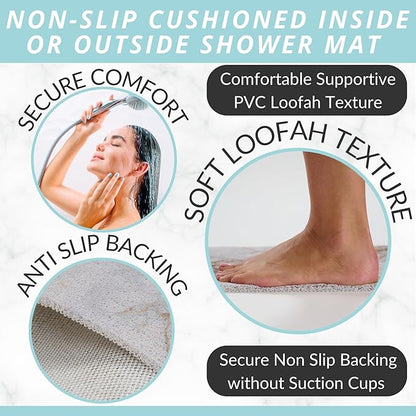 ENKOSI Loofah Non-Slip Shower and Bath Mat - Soft Cushioned Comfort - No Suction Cups for Smooth or Textured Tubs - Fast Draining - Safety for Bathroom, Family and Elderly (24x16 Marble Blue Gold)