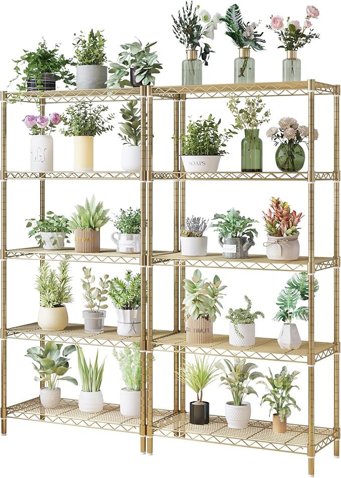 5 Tier Storage Racks Shelving, Heavy Steel Pantry Shelves, Adjustable Wire Shelving Rack, Suitable for Garage, Kitchen, Bathroom, Office, 29" W x 13.4" D x 59" H, Golden