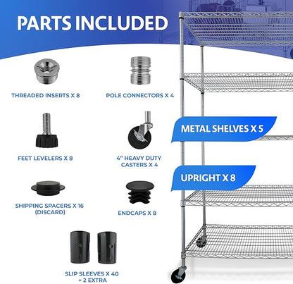 4000 LBS Heavy Duty Wire Rack 48 x 24 x 76, 5-Tier NSF Commercial Rolling Rack with Wheels, Chrome Metal Shelving Unit for Garage, Kitchen, Warehouse, Adjustable Storage Shelf, Crescent