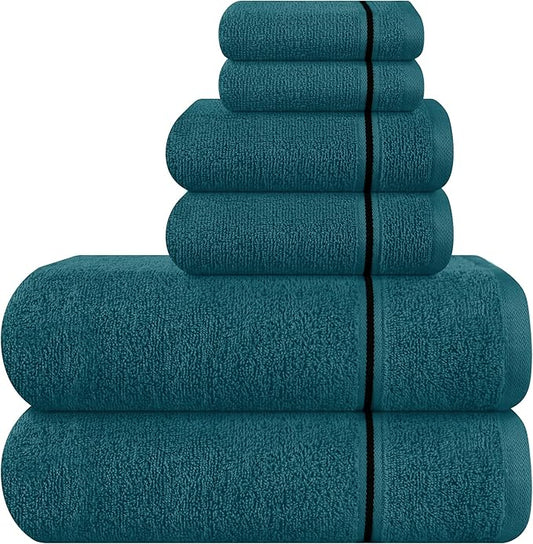 MyOwn Ultra Soft 6 Pack Cotton Towel Set, Contains 2 Bath Towels 28x55 inch, 2 Hand Towels 16x24 inch & 2 Wash Coths 12x12 inch, Ideal Everyday use, Compact & Lightweight - Teal