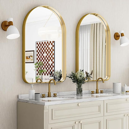 GLSLAND 26”x38“ Gold Arched Bathroom Mirror - Aluminum Alloy Framed Mirrors for Wall- Arch Wall Mirror, Brush Gold Bathroom Mirror for Bedroom