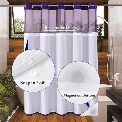 Gibelle Long Shower Curtain 72x80, Waffle Weave Bathroom Shower Curtain with Snap-in Fabric Liner Set, No Hooks Needed, Hotel Style with Mesh Top Window, Purple
