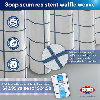 CLOROX Bathroom Waffle Windowpane Pattern Shower Curtain with Waterproof Lightweight PEVA Liner Set, Standard Size, Metal Grommets, No Hooks 72" x 72" - 2 Pc Set - Navy Blue w Frosty PEVA