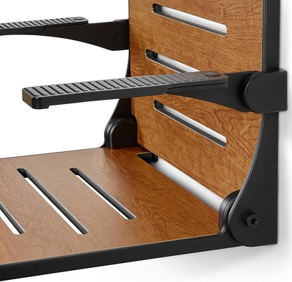 Seachrome Silhouette Comfort Folding Wall Mount Shower Bench Seat with Arms, Rustic Teak Seat with Matte Black Frame