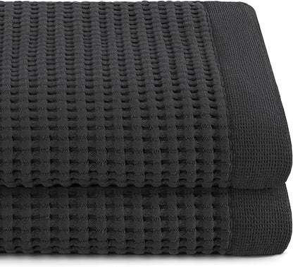 GILDEN TREE Waffle Towels for Bathroom Luxury 100% Cotton Bath Towels, Quick Dry Towel, Thin Super Absorbent Lint Free Shower Towels, Bath Towels Set of 2, Modern Style (Faded Black)