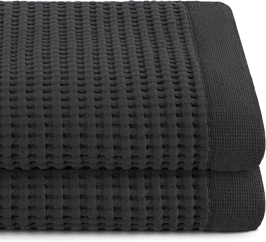 GILDEN TREE Waffle Towels for Bathroom Luxury 100% Cotton Bath Towels, Quick Dry Towel, Thin Super Absorbent Lint Free Shower Towels, Bath Towels Set of 2, Modern Style (Faded Black)