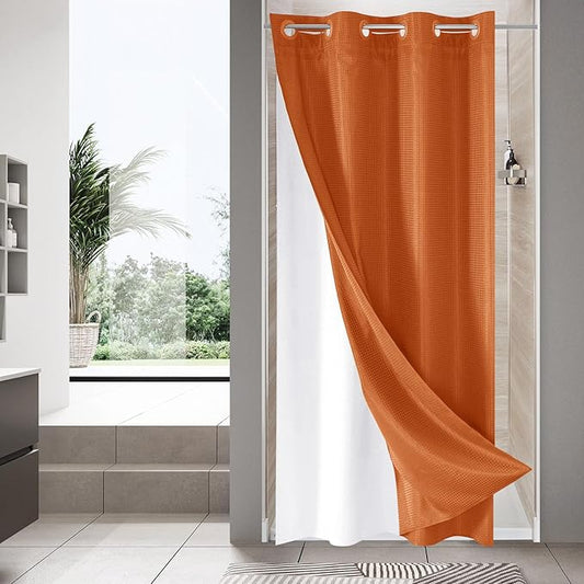 MitoVilla Orange Waffle Small Stall Shower Curtain Liner Set 36 x 74, No Hooks Required Half Size Narrow Fabric Cloth Shower Curtain Set with Snap-in Liner for Modern Bathroom Decor, Burnt Orange