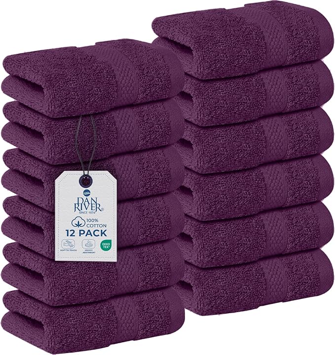 DAN RIVER 12-Pack Premium 100% Cotton Purple Passion Face Towels – Reusable Face Towel Set, Soft & Absorbent Rags for Bathroom & Body – Hand and Face Towels, 550 GSM (12x12 in)