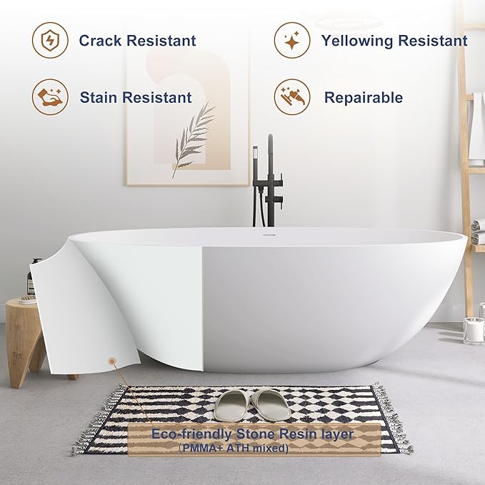 SJ STAR&JANE 71" x 35" SJ STAR&JANE Solid Surface Freestanding Bathtub Stone Resin Oval Soaking Tub Stand Alone Tub with Pop-up Drain & Overflow Matte White