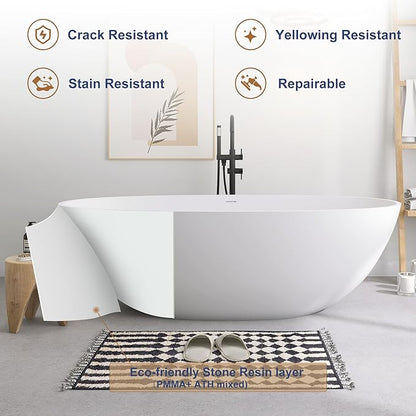SJ STAR&JANE 71" x 35" SJ STAR&JANE Solid Surface Freestanding Bathtub Stone Resin Oval Soaking Tub Stand Alone Tub with Pop-up Drain & Overflow Matte White