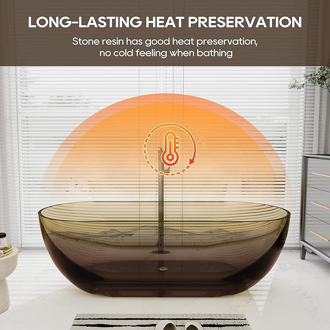 SJ STAR&JANE 69" Solid Surface Freestanding Bathtub Stone Resin Oval Soaking Tub Stand Alone Tub with Pop-up Drain Transparent Sepia