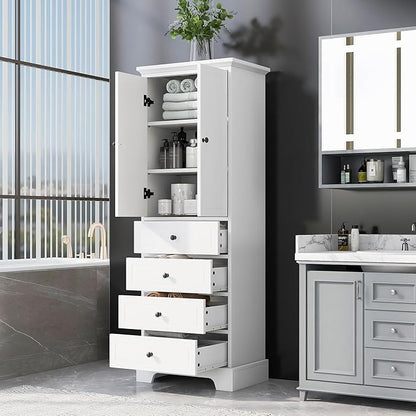 Favfurish 68" Tall Bathroom Storage Cabinet with Doors and 4 Drawers,Modern Linen Cabinets w/Adjustable Shelves & Anti-Tipping Device,Freestanding Organizer for Bath Room,Study,Office,Kitchen White