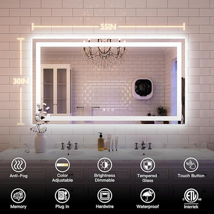 ISKM 55'' x 30'' LED Mirror for Bathroom Lighted Vanity Mirror for Wall Front Lights + Backlit LED Bathroom Mirror Anti-Fog Tempered Glass ETL Listed