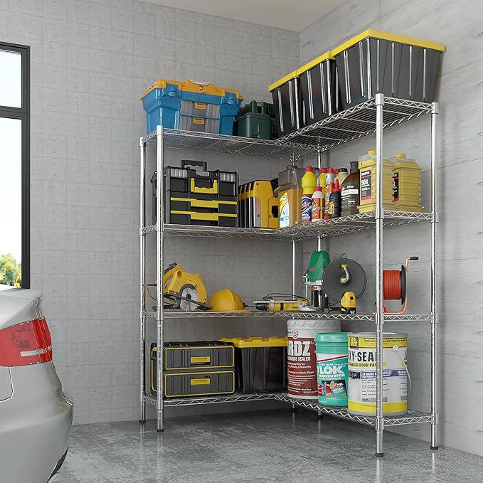 4 Tier Storage Racks Shelving, Heavy Steel Pantry Shelves, Adjustable Wire Shelving Rack, Suitable for Garage, Kitchens, Offices, 57.9" W x 13.8" D x 59" H, Chrome