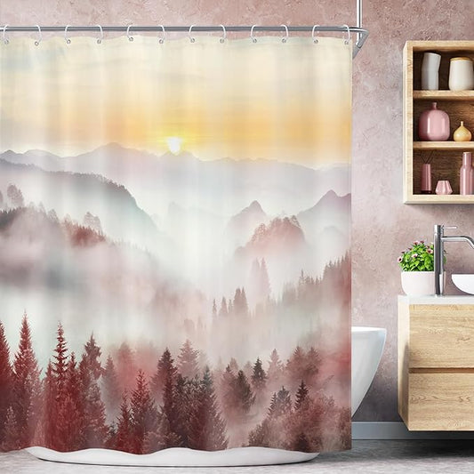 Riyidecor Misty Mountain Shower Curtain 60Wx72H Inch Red Sunrise Nature Scenery Foggy Pine Tree Scenic Woodland Modern Natural Landscape Cool Bathroom Decor Fabric Polyester Waterproof 12 Pack Hooks