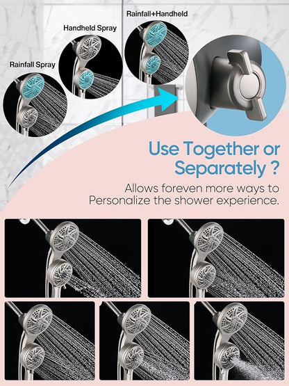 Cobbe High Pressure 3-Way Shower Head Combo, Hand Held Shower & Rain Shower Separately or Together, Dual 2 in 1 Showerhead with Stainless Steel Hose - Brushed Nickel