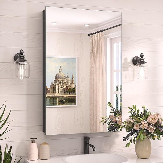 TokeShimi 20 x 32 Recessed Medicine Cabinet Mirror Surface Mount Aluminum, Tempered Frameless Bathroom Mirror with Storage Adjustable, Black Bathroom Wall Cabinet for Vanity Modern