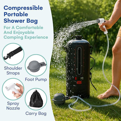 HappyPo Camping Shower - Portable Camping Solar Shower Pump- Shower Bag with Pressure Foot Pump with Temperature Indicator - Camp Water Equipment for Road Travel