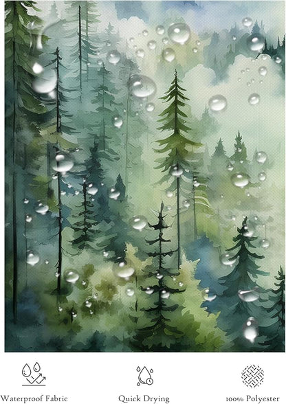 Coveted Goods 72" x 84" Mountain Forest Shower Curtain, Misty Pine Tree Landscape, Waterproof Polyester, Includes Grommets and Hooks, Machine Washable Nature-Inspired Bathroom Decor