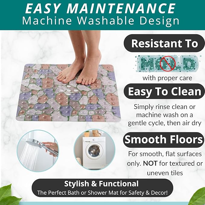 ENKOSI Square Shower Mat 21x21 inch - Anti Slip Shower Stall Floor Mat - Non Slip Shower Mats with Strong Secure Suction Cups and Drain Holes in Middle (21x21 Stone Path)