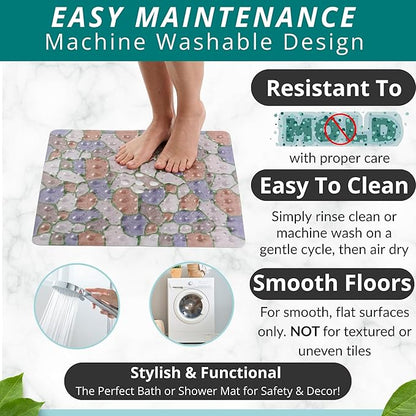 ENKOSI Square Shower Mat 21x21 inch - Anti Slip Shower Stall Floor Mat - Non Slip Shower Mats with Strong Secure Suction Cups and Drain Holes in Middle (21x21 Stone Path)
